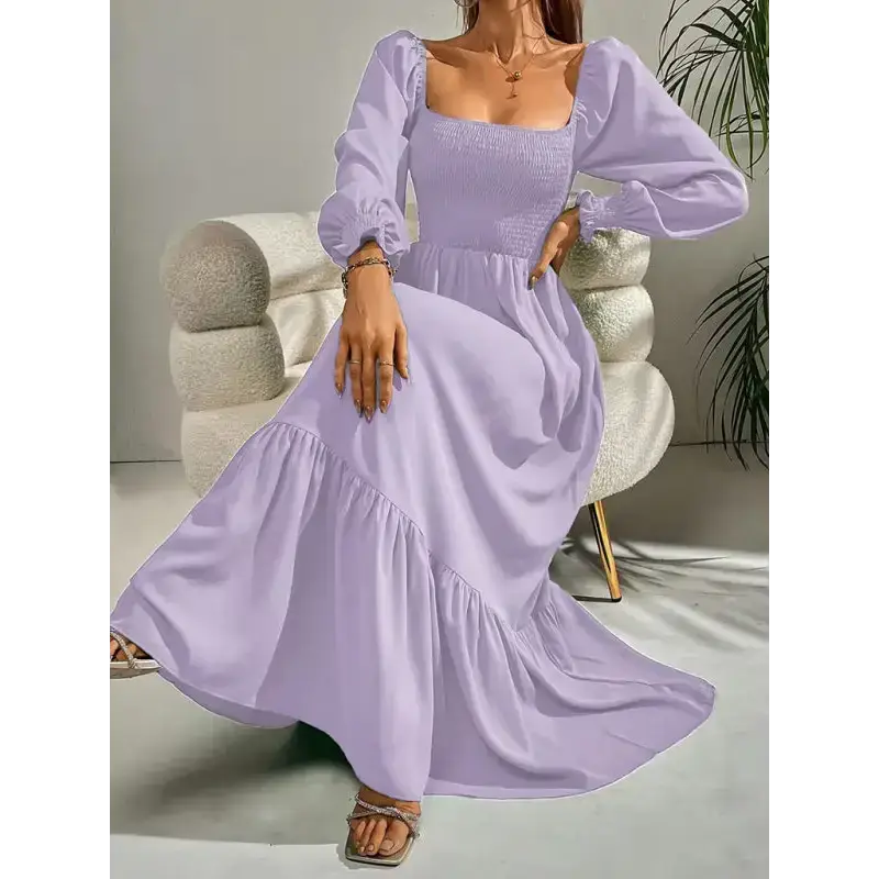 Women's solid color smocked long sleeve tiered maxi dress Nexellus