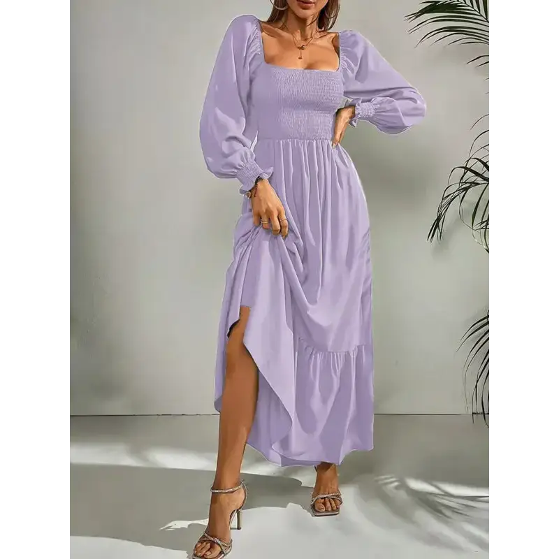 Women's solid color smocked long sleeve tiered maxi dress Nexellus