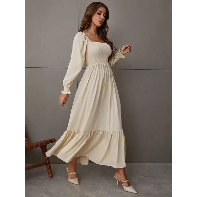 Women's solid color smocked long sleeve tiered maxi dress Nexellus