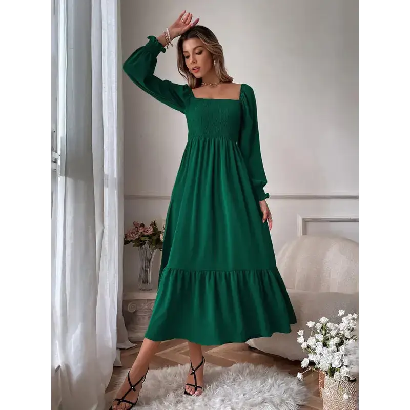 Women's solid color smocked long sleeve tiered maxi dress Nexellus