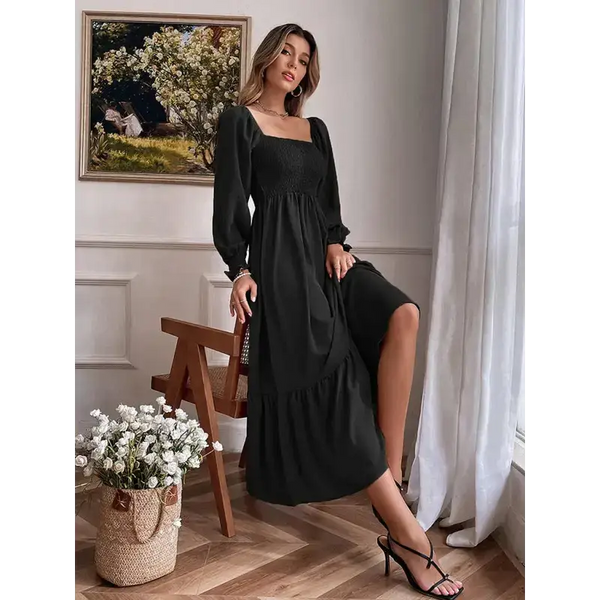 Women's solid color smocked long sleeve tiered maxi dress Nexellus