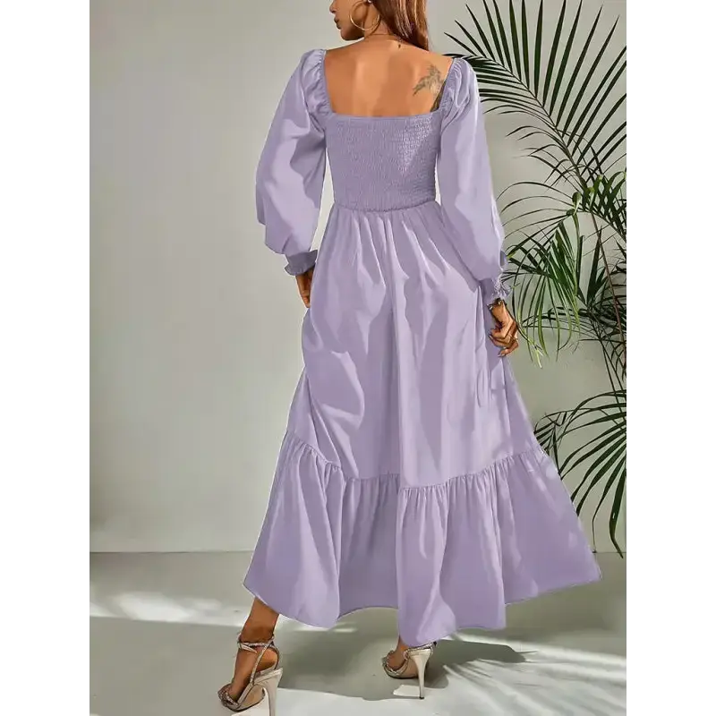 Women's solid color smocked long sleeve tiered maxi dress Nexellus