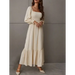 Women's solid color smocked long sleeve tiered maxi dress Nexellus