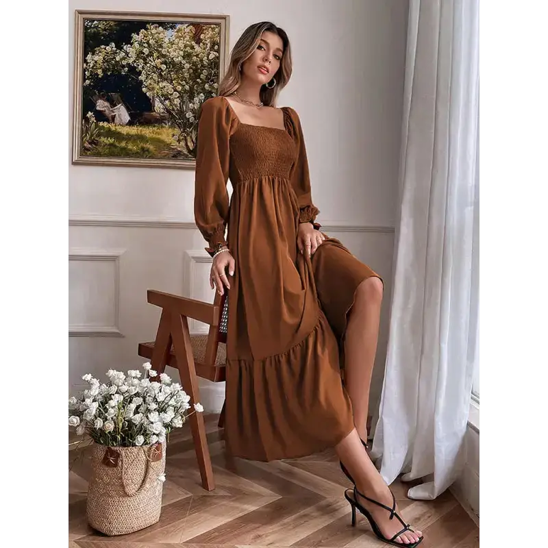 Women's solid color smocked long sleeve tiered maxi dress Nexellus