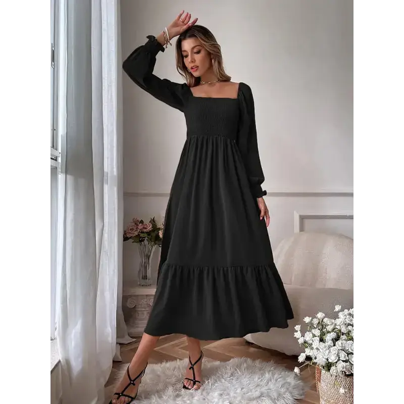 Women's solid color smocked long sleeve tiered maxi dress Nexellus