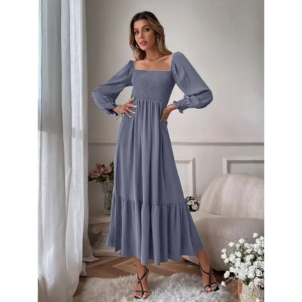 Women's solid color smocked long sleeve tiered maxi dress Nexellus