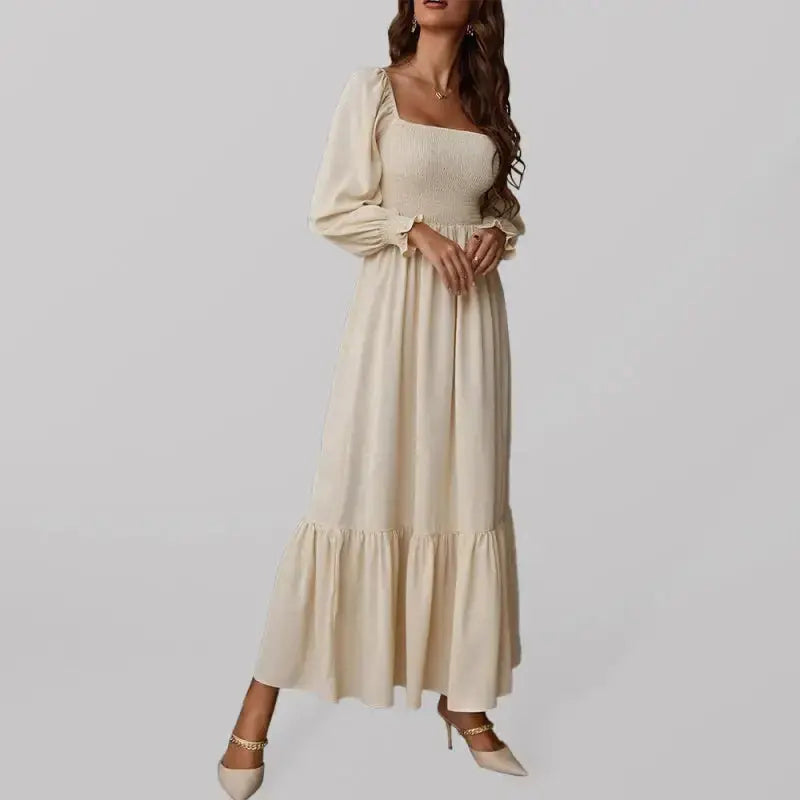 Women's solid color smocked long sleeve tiered maxi dress Nexellus