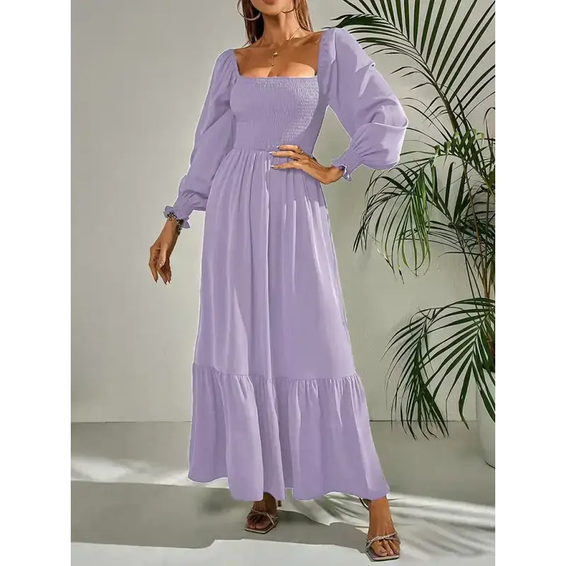 Women's solid color smocked long sleeve tiered maxi dress Nexellus