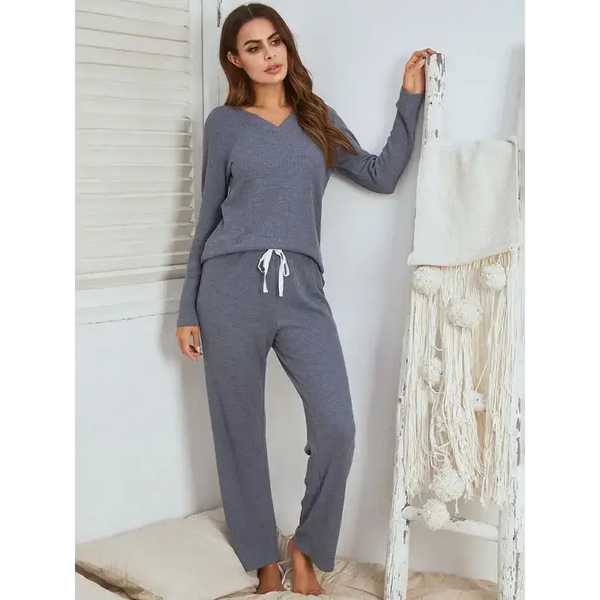 Women's solid color waffle knit long sleeve top and pants sets Nexellus