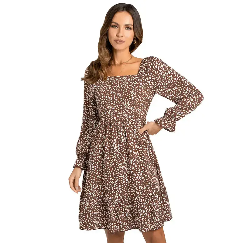 Women's square neck print waist long sleeve dress Nexellus