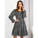 Women's square neck print waist long sleeve dress Nexellus