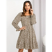 Women's square neck print waist long sleeve dress Nexellus