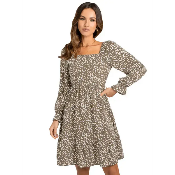 Women's square neck print waist long sleeve dress Nexellus