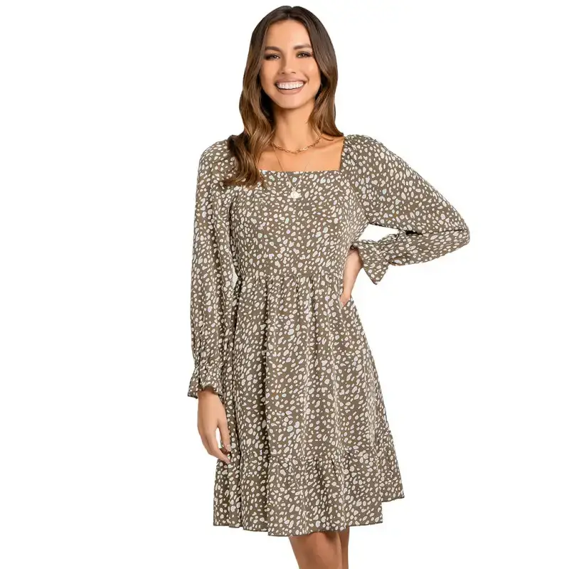 Women's square neck print waist long sleeve dress Nexellus