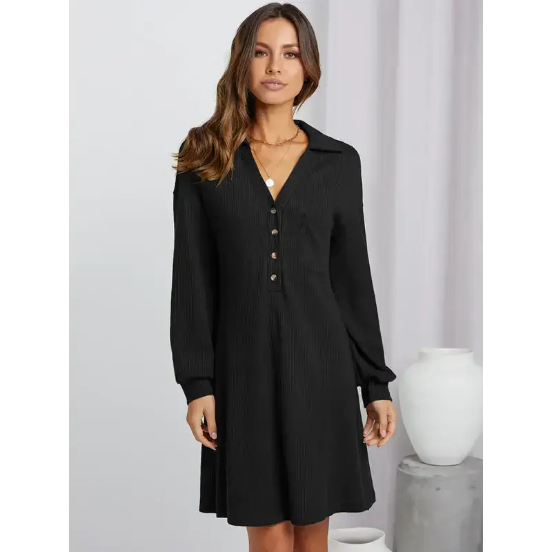 Women's waffle shirt skirt v-neck loose dress Nexellus