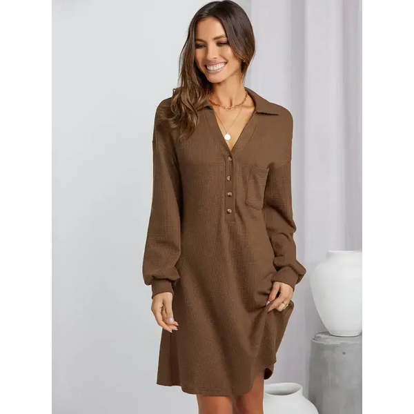 Women's waffle shirt skirt v-neck loose dress Nexellus