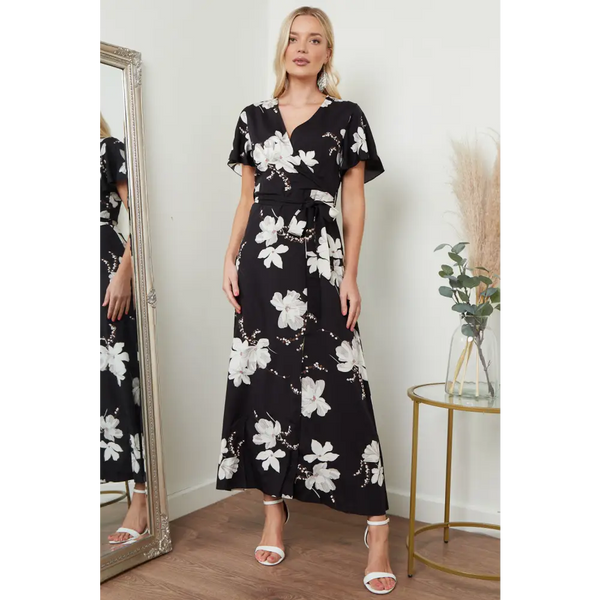 Wrap front maxi dress in black floral print