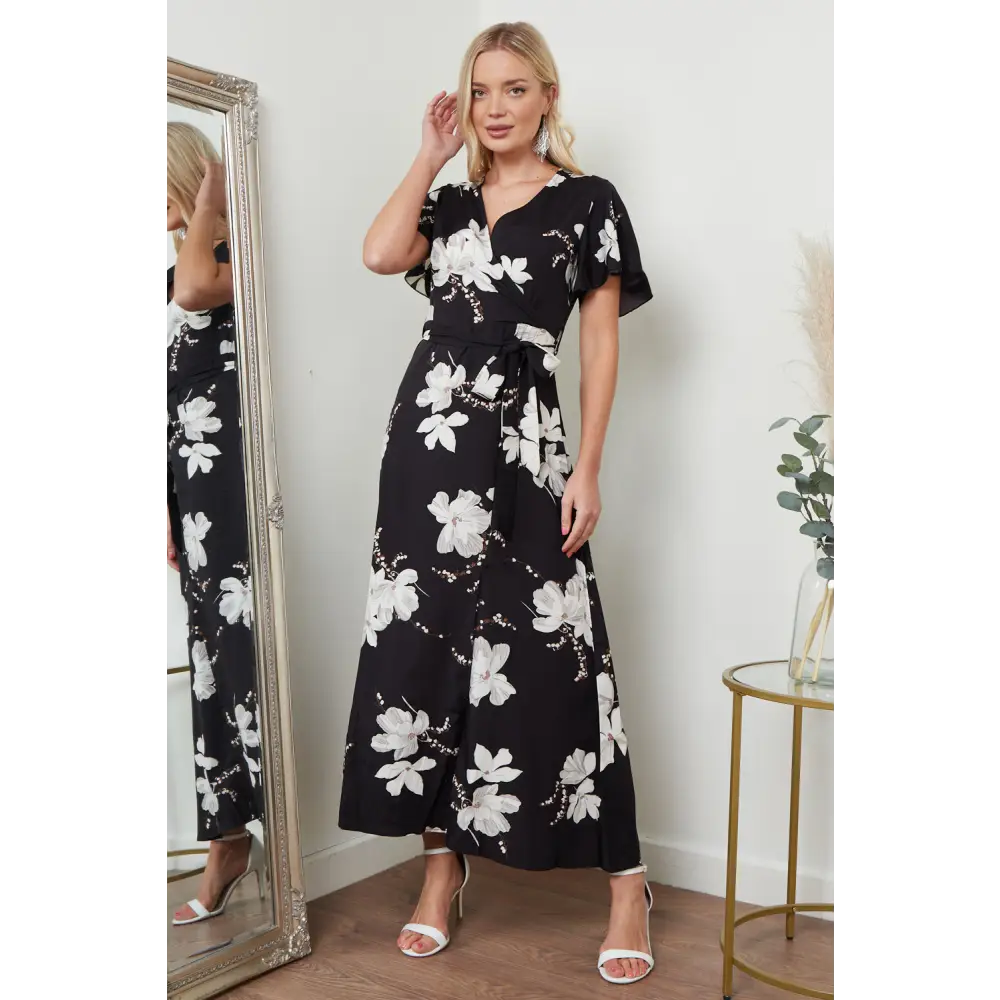 Wrap front maxi dress in black floral print