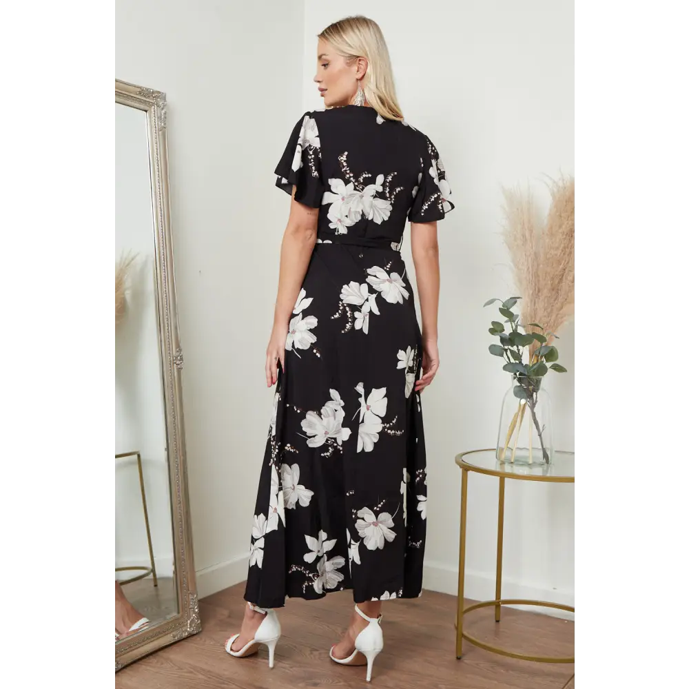 Wrap front maxi dress in black floral print