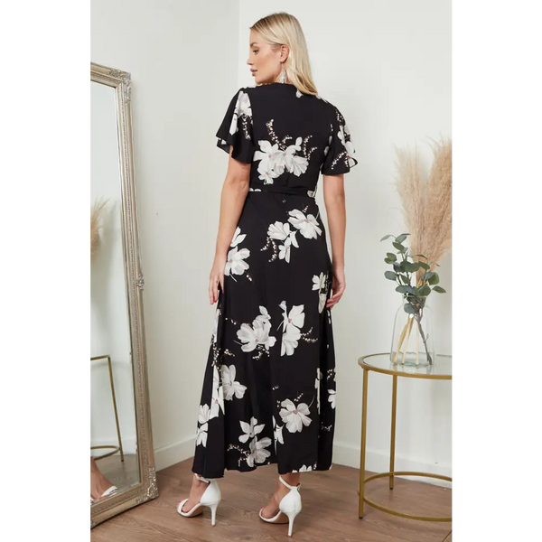 Wrap front maxi dress in black floral print