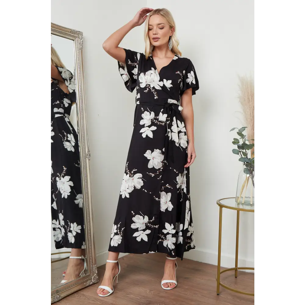 Wrap front maxi dress in black floral print