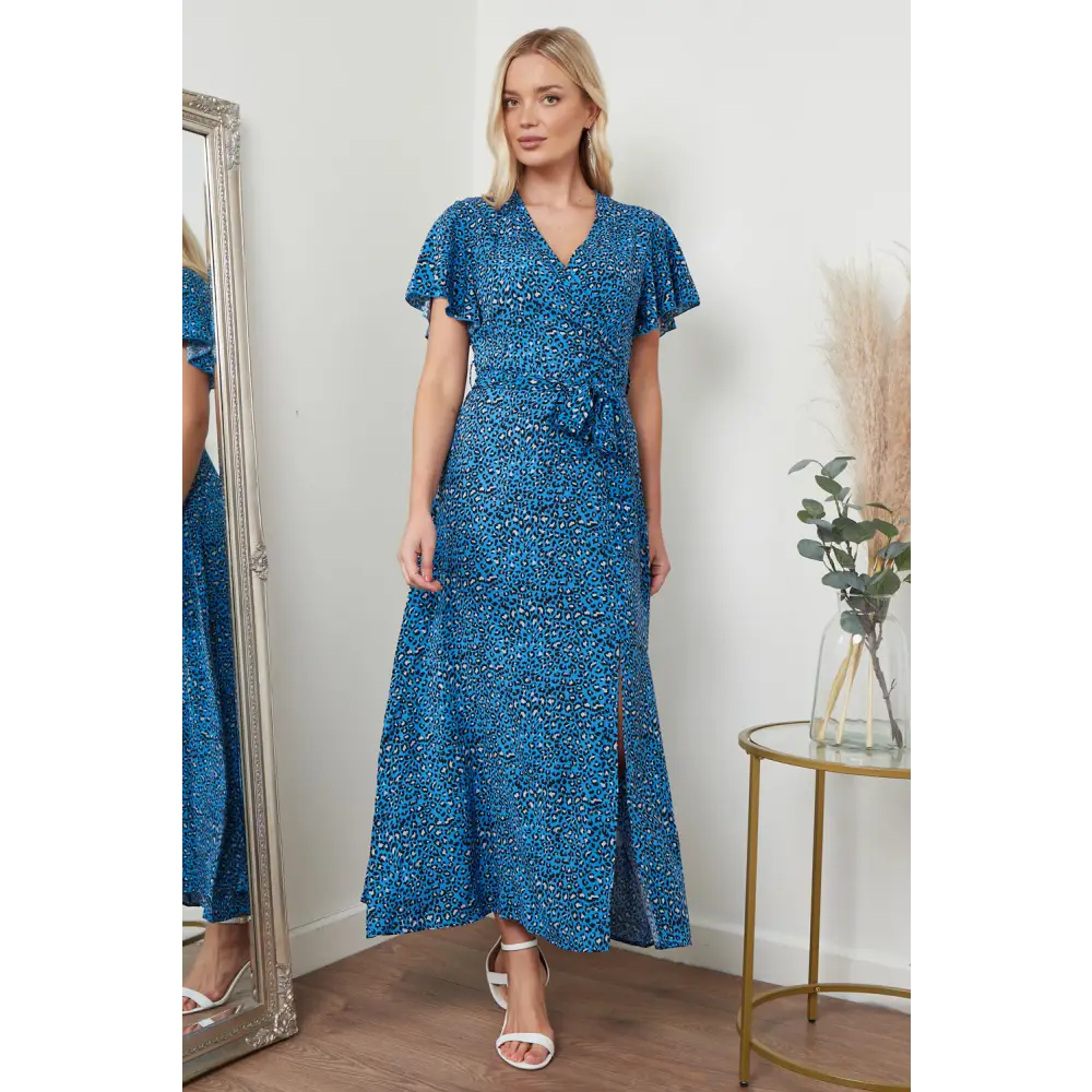 Wrap front maxi dress in blue animal print