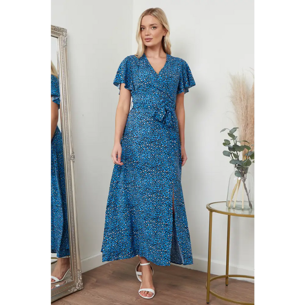 Wrap front maxi dress in blue animal print