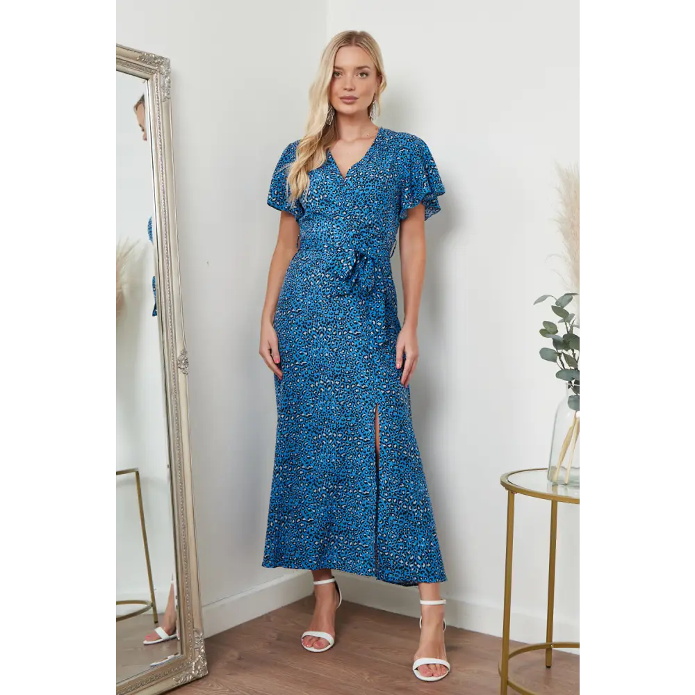 Wrap front maxi dress in blue animal print