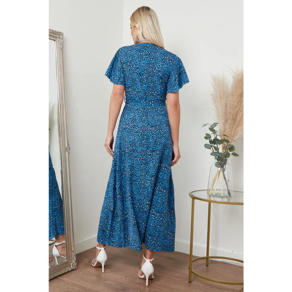 Wrap front maxi dress in blue animal print