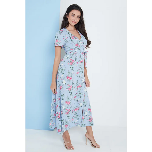 Wrap front maxi dress in blue floral print