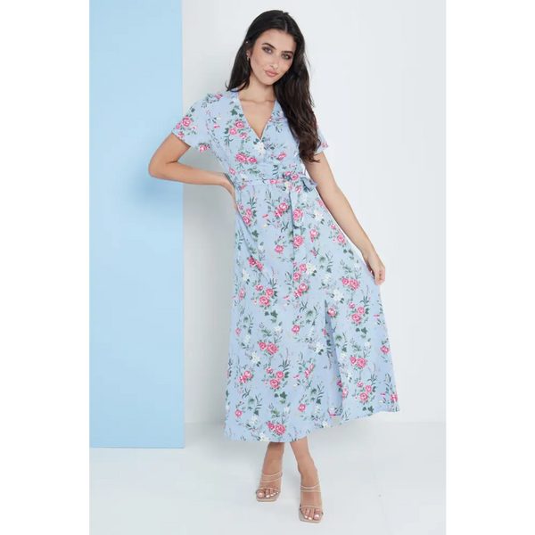 Wrap front maxi dress in blue floral print