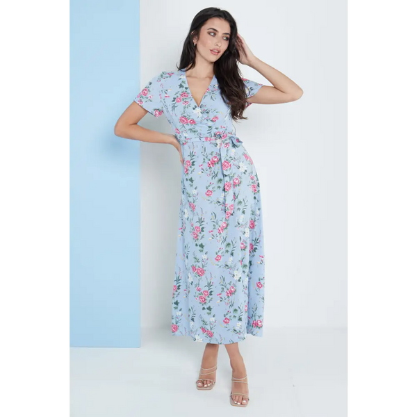 Wrap front maxi dress in blue floral print