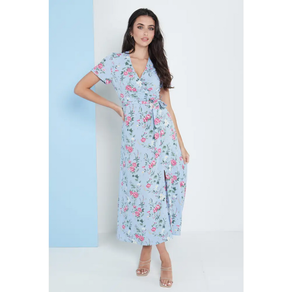 Wrap front maxi dress in blue floral print