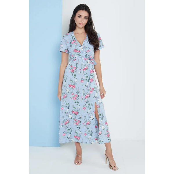 Wrap front maxi dress in blue floral print