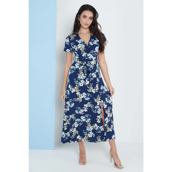 Wrap front maxi dress in navy blue floral print