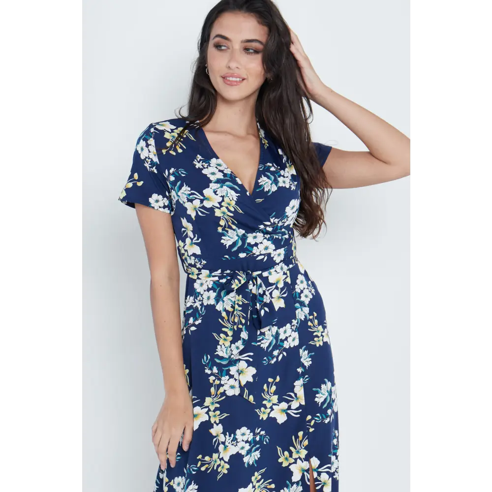 Wrap front maxi dress in navy blue floral print