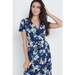 Wrap front maxi dress in navy blue floral print