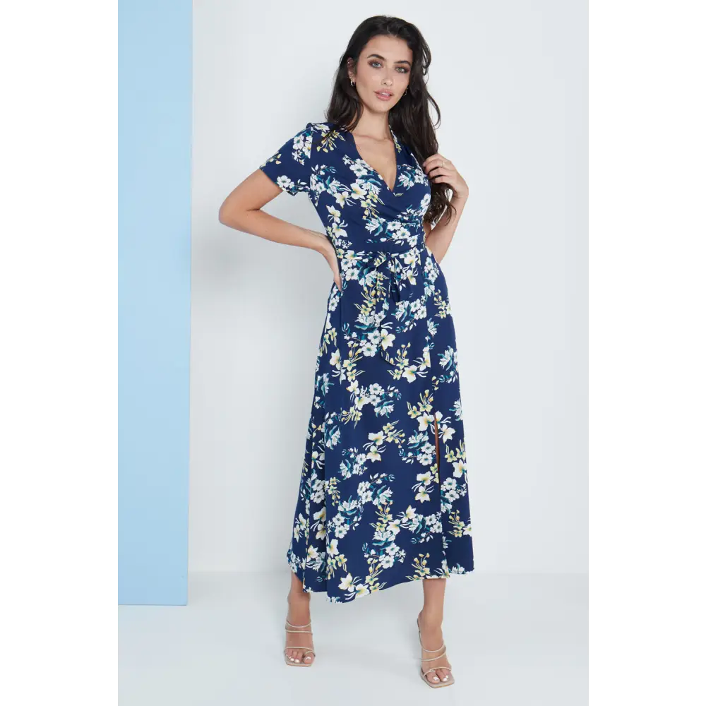 Wrap front maxi dress in navy blue floral print