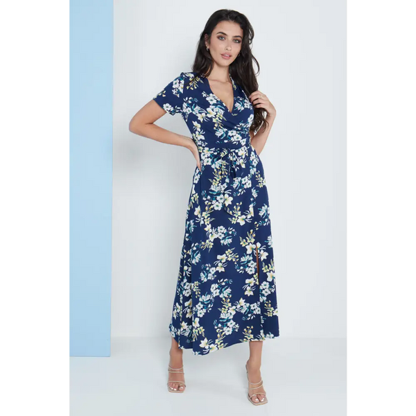 Wrap front maxi dress in navy blue floral print