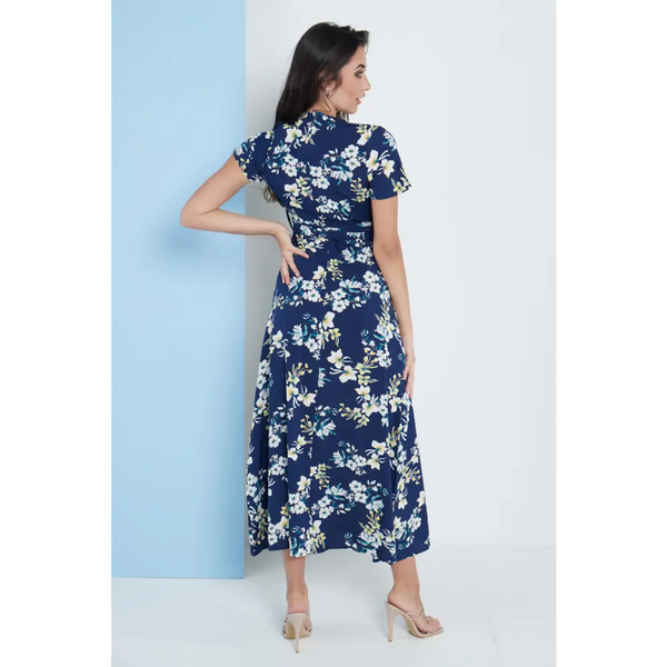 Wrap front maxi dress in navy blue floral print