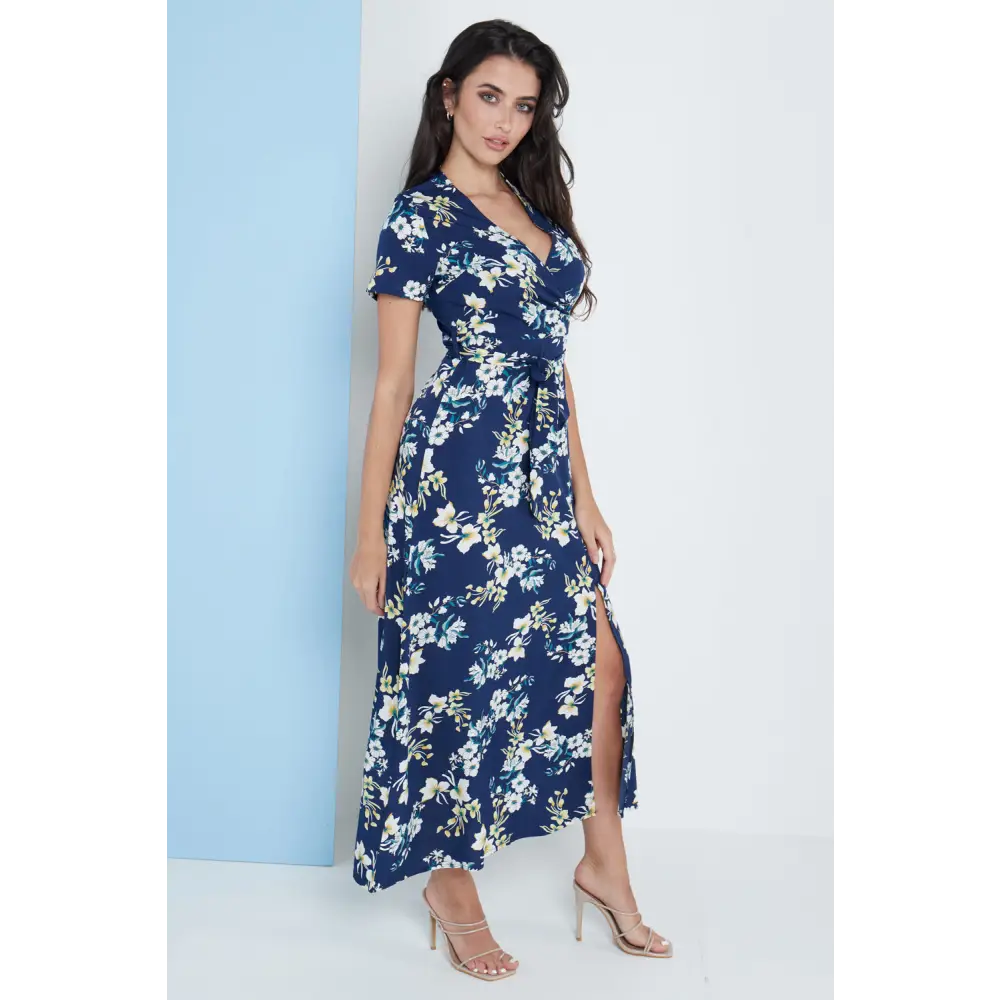 Wrap front maxi dress in navy blue floral print