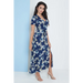 Wrap front maxi dress in navy blue floral print