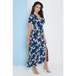 Wrap front maxi dress in navy blue floral print