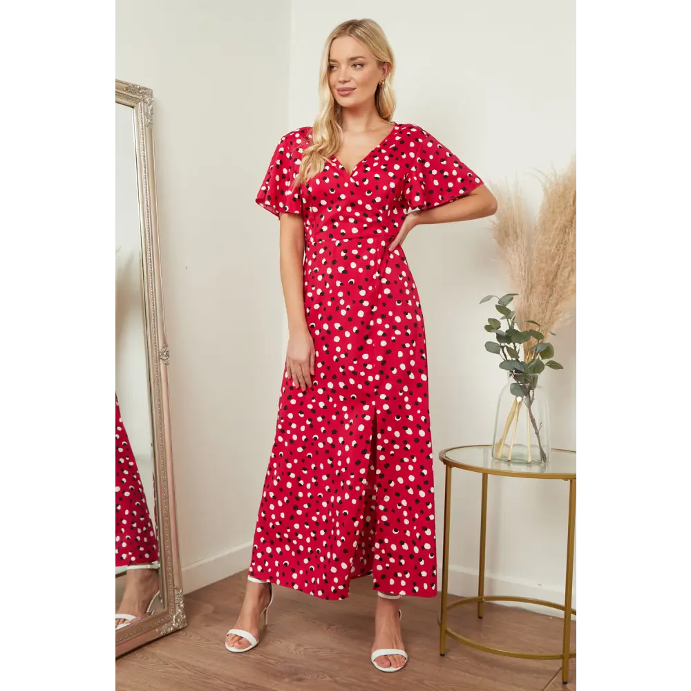 Wrap front maxi dress in red & black polka dot