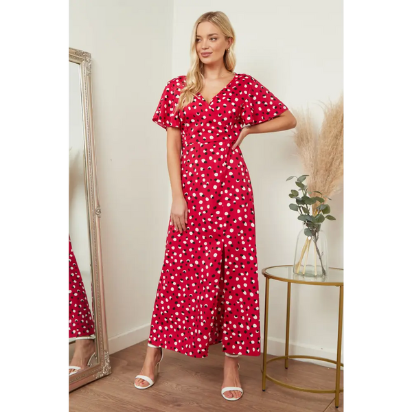 Wrap front maxi dress in red & black polka dot