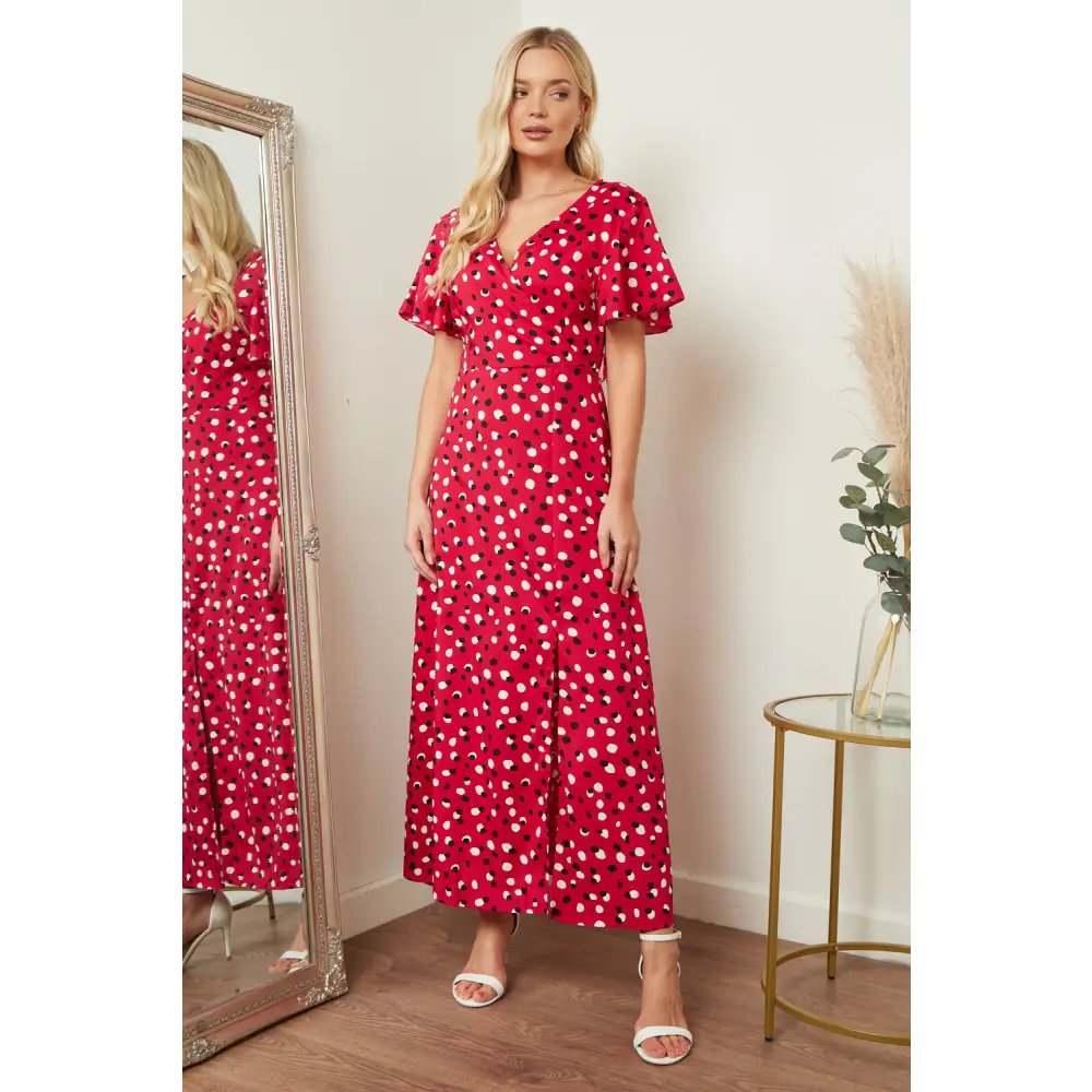 Wrap front maxi dress in red & black polka dot