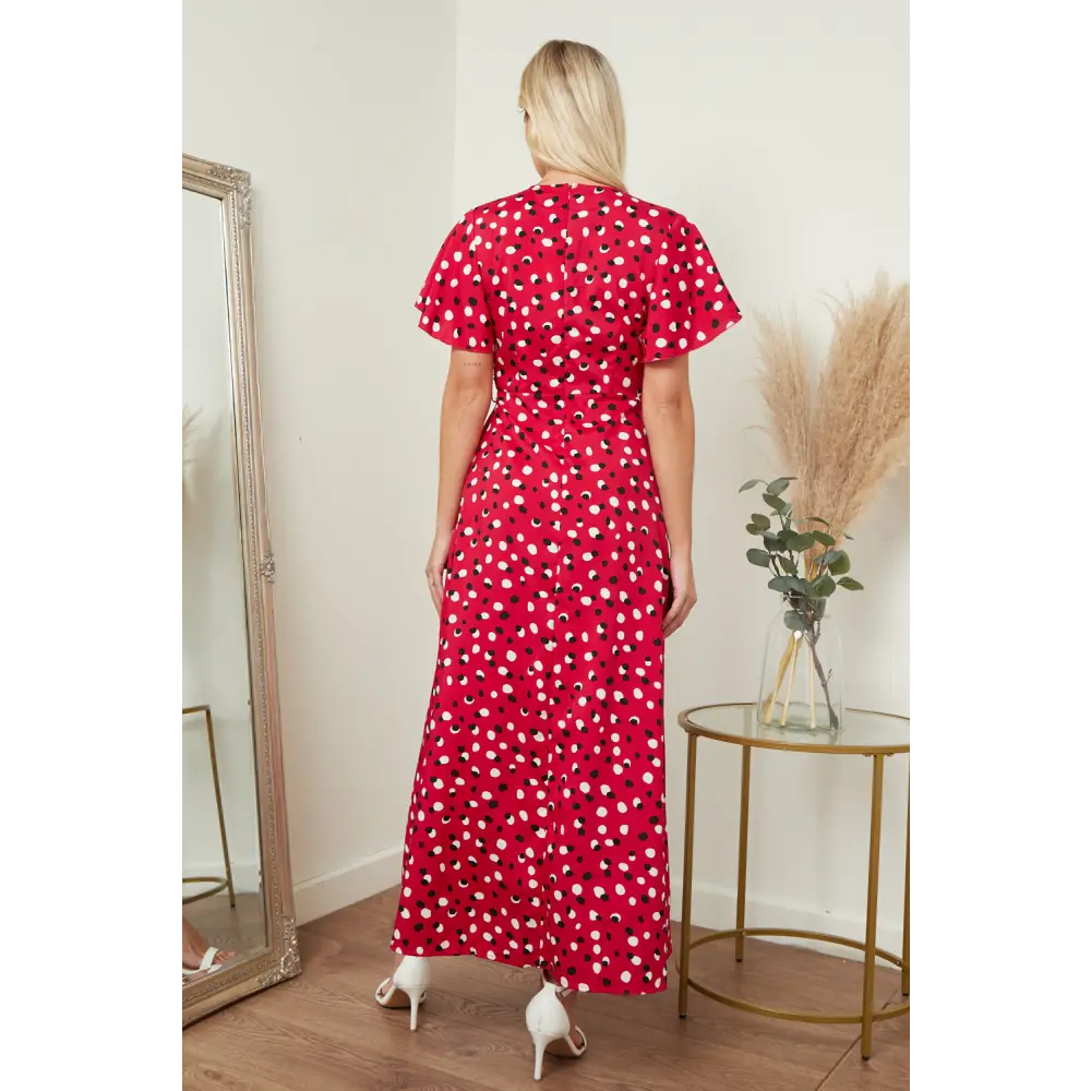 Wrap front maxi dress in red & black polka dot