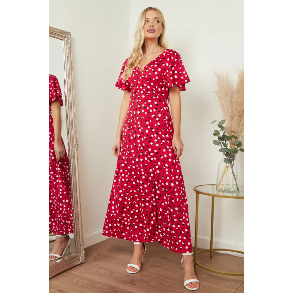 Wrap front maxi dress in red & black polka dot