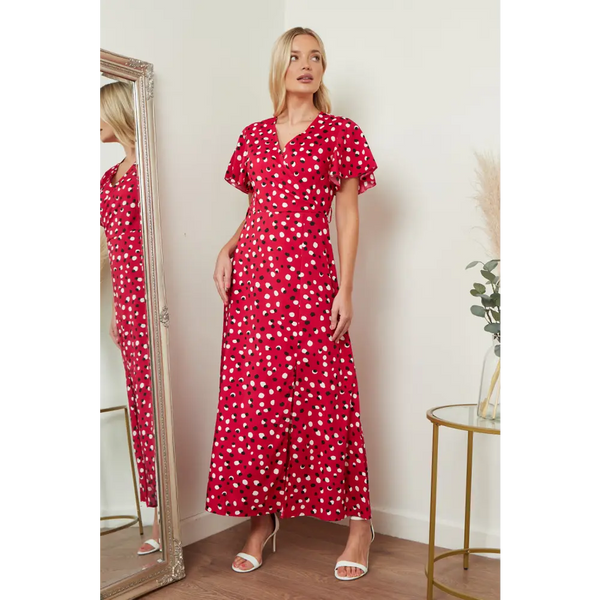 Wrap front maxi dress in red & black polka dot