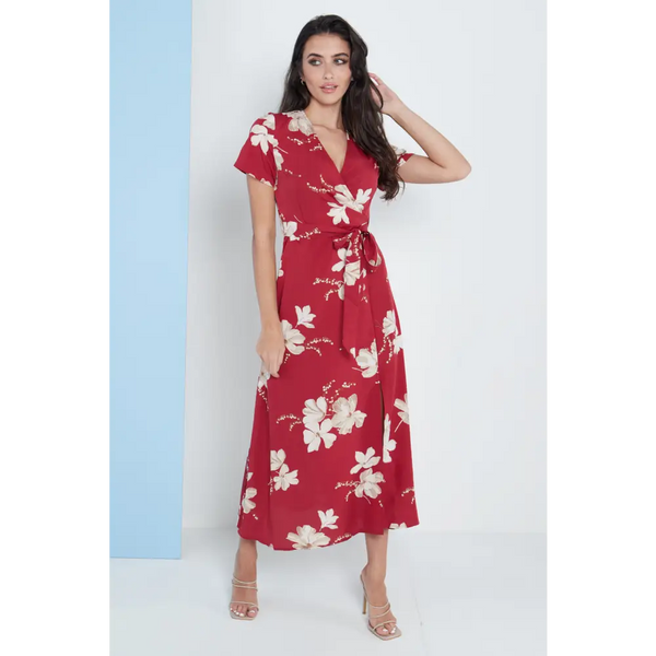 Wrap front maxi dress in red floral print